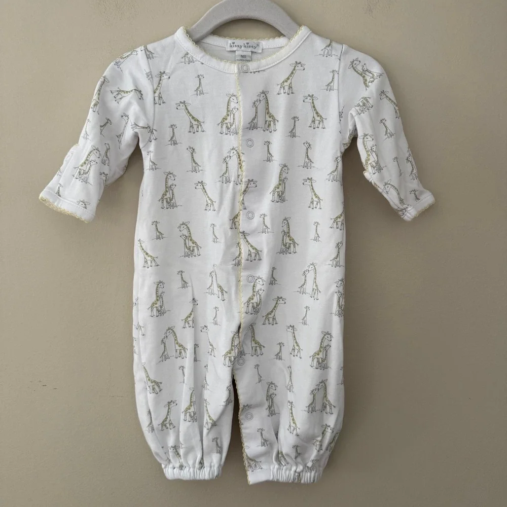 Kissy Kissy Newborn Giraffe Print Pima Cotton Sleeper White Yellow Trim NB